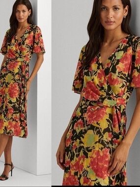 Ralph Lauren Black Crinkle Georgette Wrap Midi Dress Red & Yellow Floral Sz 10
